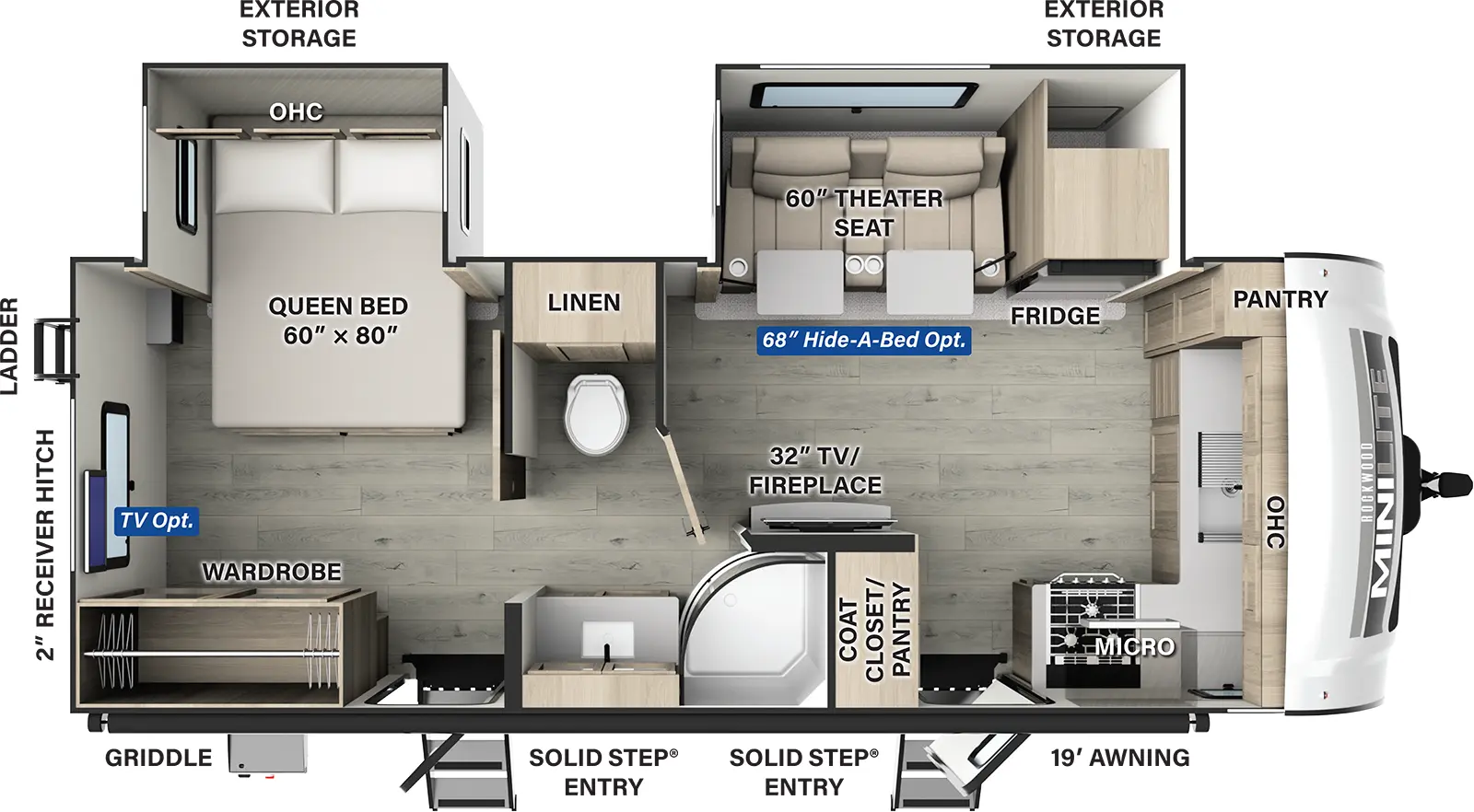 The Rockwood Mini Lite 2516S has two entries and two slide outs. Exterior features include: fiberglass exterior and 19' awning. Interiors features include: front kitchen, rear bedroom and pass through bathroom.